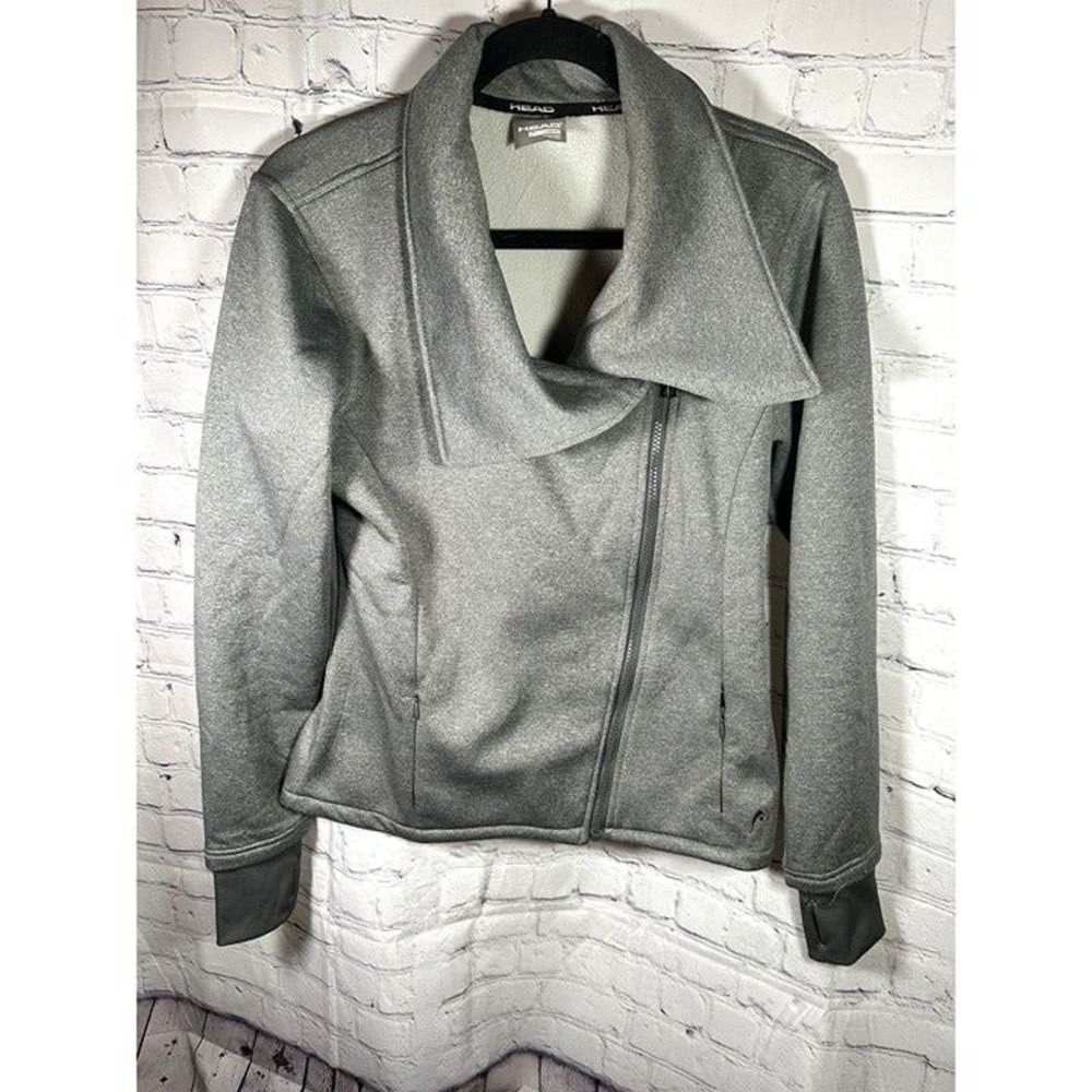 HEAD Womens Gray Asymmetrical Zip Fleece Jacket Thumbhole Cuffs Large RN117927
